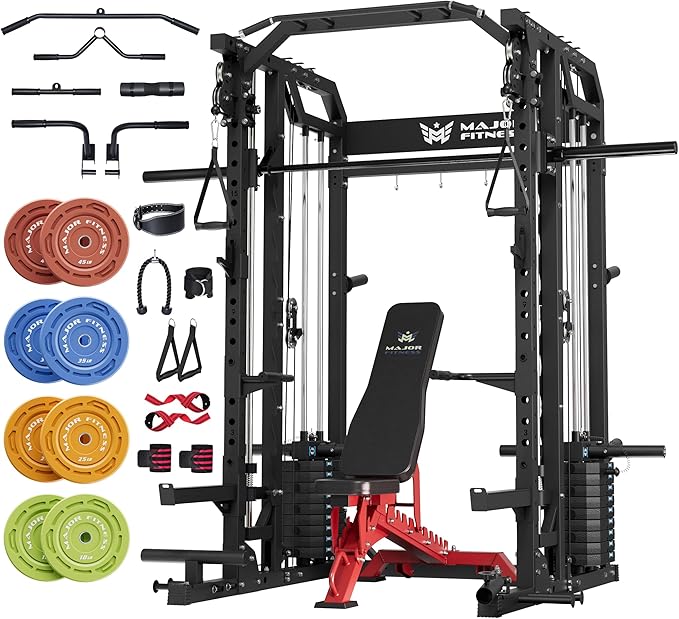 Major Fitness Drone2 Advanced Training Smith Machines– All-in-One Home Gym Squat Rack with Aluminum Pulley Set , Weight Bar, Dual LAT Pull-Down Systems & Cable Crossover Machine for Full-Body Workouts