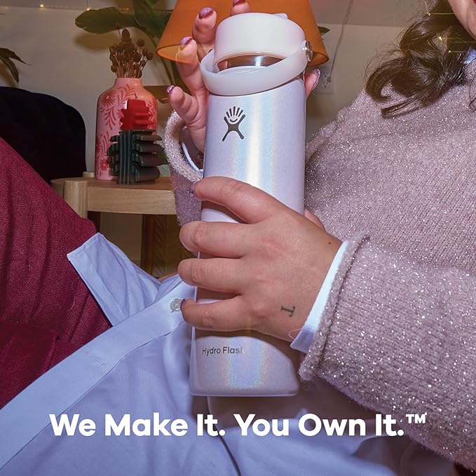 Hydro Flask Water Bottle - Insulated Stainless Steel - Wide Mouth Flex Straw Lid, Non-Spill, Leakproof and Refillable in 32 Oz Glimmer Pink