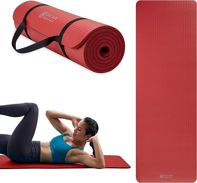 Gaiam Essentials 2/5" Thick (10mm) Yoga & Pilates, Fitness & Exercise Mat with Easy-Cinch Carrier Strap Cushion Support For Fitness and Gym Workouts
