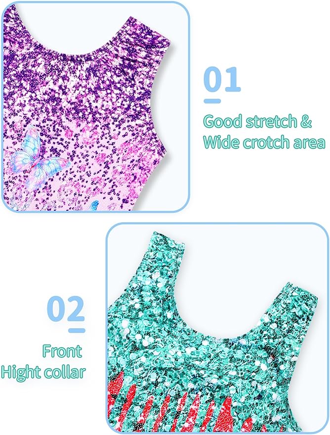 Nymphperi 2 Packs Gymnastics Leotard for Girls Sparkle Biketards with Shorts Kids Sleeveless Unitard One-Piece Dancewear