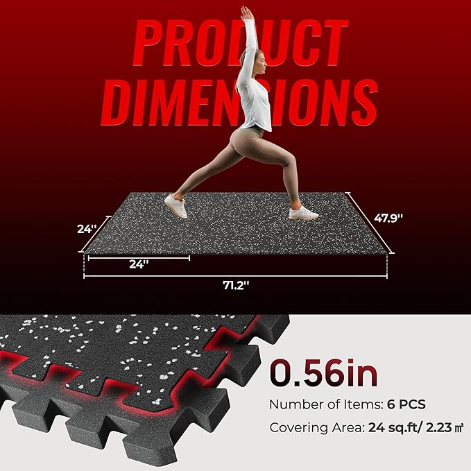 SUPERJARE 0.56'' Thick 6 Pcs 24 Sq Ft Rubber Top Exercise Equipment Mats, High Density EVA Foam Mats with Rubber Top, Interlocking Gym Flooring for Home Gym, Protective Workout Mat, Black/Grey