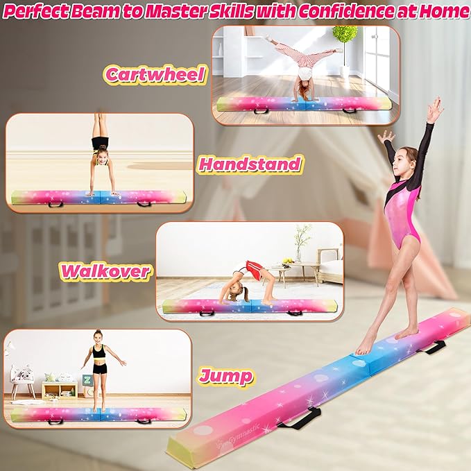 PreGymnastic 6FT/8FT/9.5FT Folding Balance Beam for Kids Ages 3-12, Foldable Gymnastics Floor Beam-Extra Firm Suede Cover with Carrying Bag for Home-Gym Equipment for Toddler Teenager