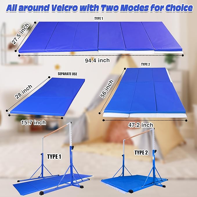 Gymnastics Bar for Kids Ages 3-15, 35" to 60" Adjustable Height, 4FT Wide Base - Professional Kip Bar with 360° Stability & Fiberglass Crossbar, Easy Fold&Solid Design for Home Training