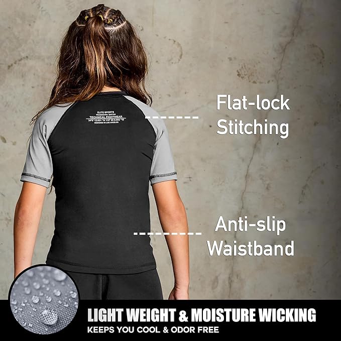 Elite Sports Kids Jiu Jitsu BJJ Rash Guard, Short Half Sleeve Compression Shirt for Youth Boys Girls Sports Nogi Training