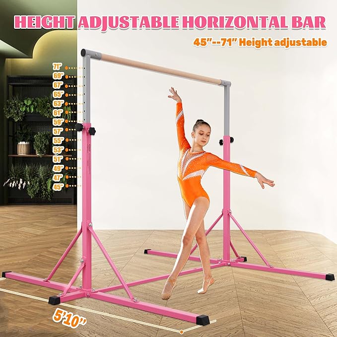 Gymnastics Bar, 5'10” Base length 45" to 71" Adjustable Horizontal Bar for Serious Training, 500 LBS Capacity, Professional Home Gym Equipment with Competition-Grade Beech-covered Fiberglass Bar