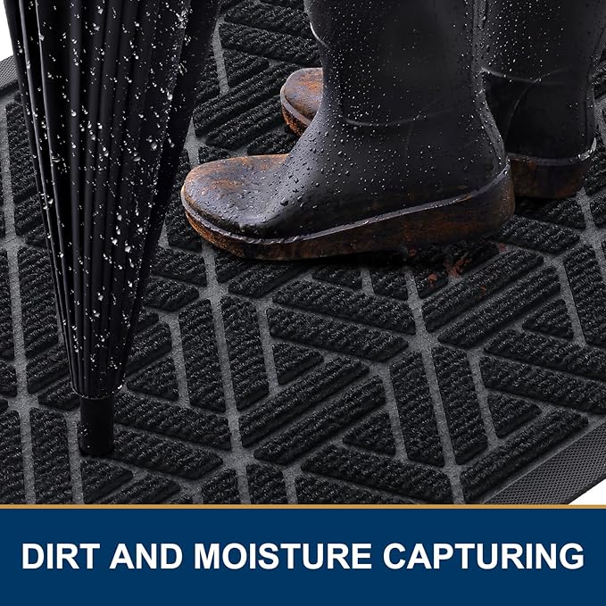 Smiry Front Door Mat Outside Entrance, Heavy Duty Sturdy Natural Rubber Doormat, Trap Dirt and Moisture, Easy Clean Low Profile Mats for Indoor Outdoor Entry, Grid Geometric (59x24, Black)
