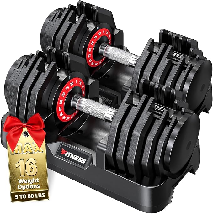 Adjustable Dumbbells Set of 2, 1 Hand Adjustable Weights Dumbbells Set, 5 in 1/10 in 1 Free Dumbbell with Anti-Slip Texture Handle, 25/55/80lb Pair Weight Set For Home Gym Suit both Men and Women
