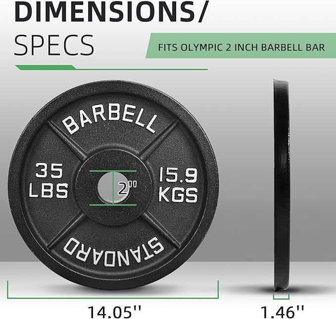 Fitvids 2-Inch Olympic Cast Iron Weight Plate for Strength Training & Weightlifting, Multiple Sizes