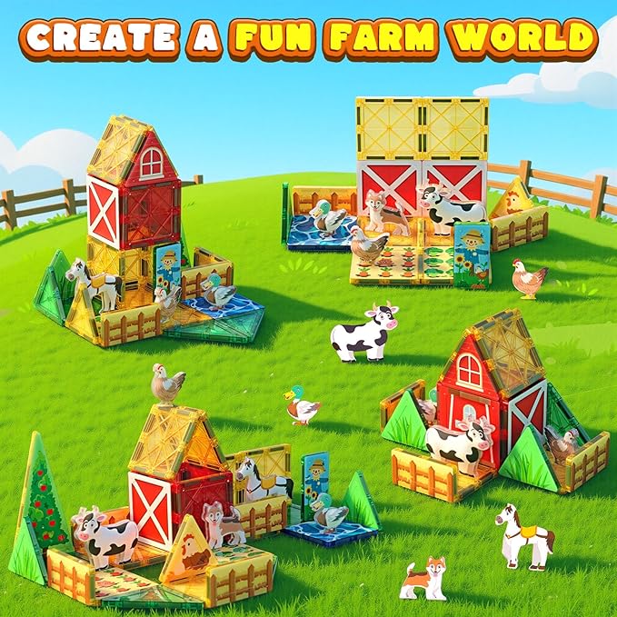 3 otters 42PCS Magnetic Tiles Toys with Farm Animals, Magnetic Building Blocks Educational STEM Toys for Christmas Party Gifts Kids Toddlers Preschool Classroom