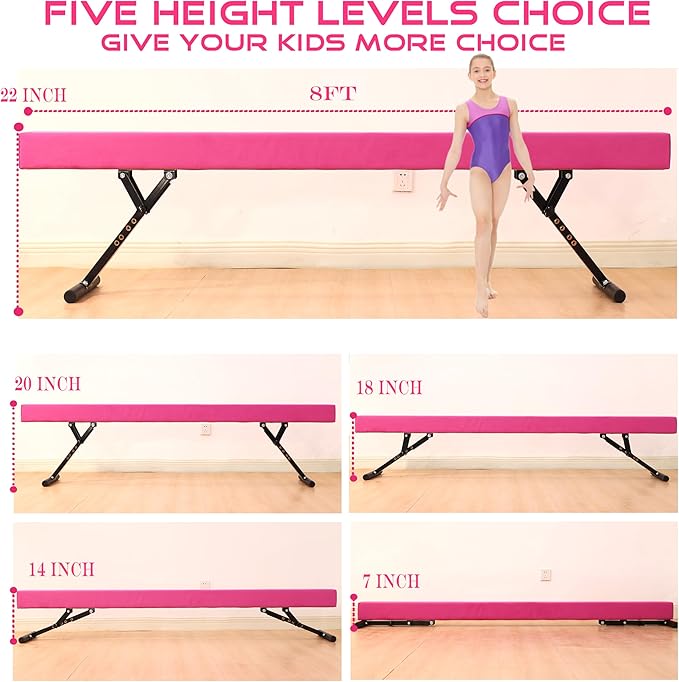 8 Ft Gymnastic Balance Beam with Adjustable Height From7 inch to 22 inch for Kids Children Home Practice, Adjustable Balance Beam with Leg, High and Low Floor Gymnatic Training Beam