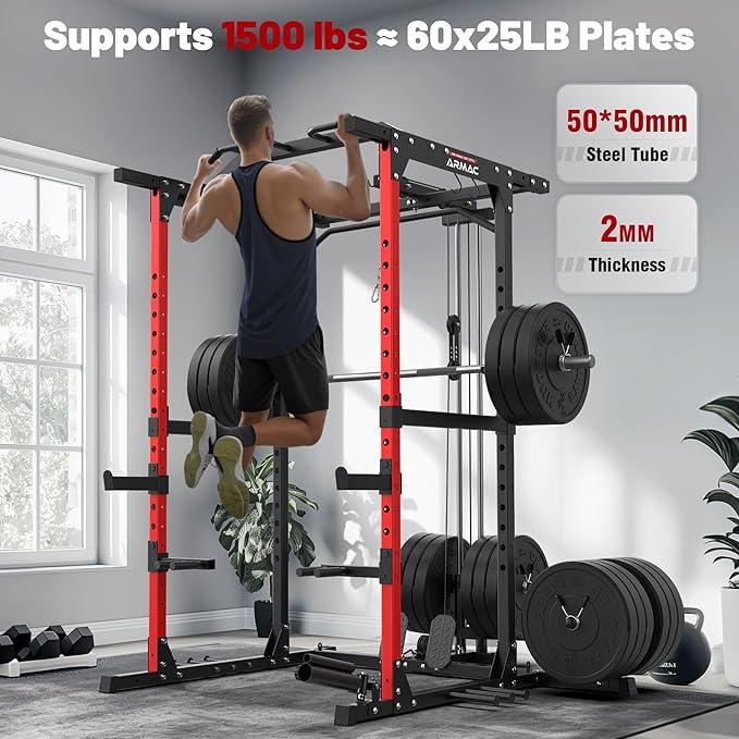 ARMAC Power Cage,1500lbs Multi-Function Power Rack with Adjustable Cable Crossover System and More Training Attachment, Weight Cage for Home Gym