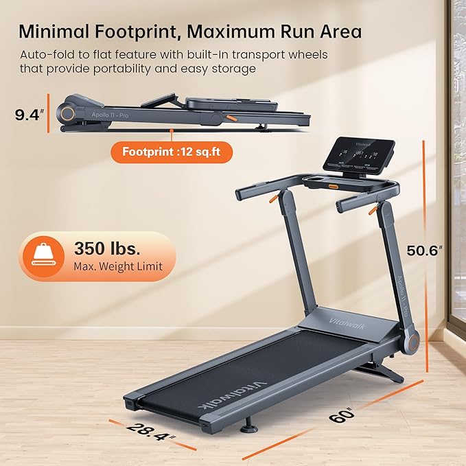 Foldable Treadmill with Auto Incline - Vitalwalk Commercial 48"x18" Wide Running Belt, 20% / 15% Incline, 10MPH, 3.5HP Brushless, Walking Pad Treadmill for Home, Auto Folding, No Installation, 350LBS