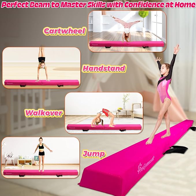 PreGymnastic 6FT/8FT/9.5FT Folding Balance Beam for Kids Ages 3-12, Foldable Gymnastics Floor Beam-Extra Firm Suede Cover with Carrying Bag for Home-Gym Equipment for Toddler Teenager
