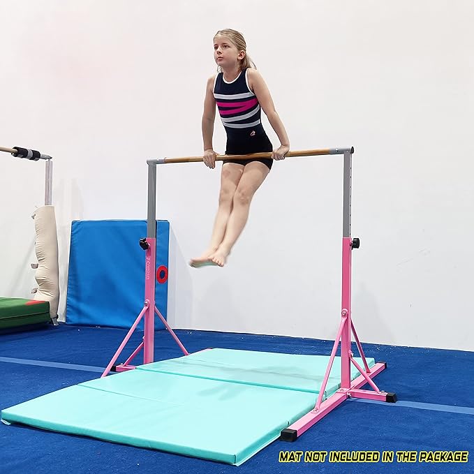 Gymnastics Bar for Kids Ages 3-15, 35" to 60" Adjustable Height, 4FT Wide Base - Professional Kip Bar with 360° Stability & Fiberglass Crossbar, Easy Fold&Solid Design for Home Training