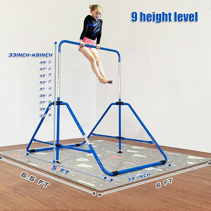 MARFULA Foldable Gymnastic Bar for Kids Ages 3-12, 9 Height Levels, 200 lbs Weight Capacity, 5 Ft Length Gymnastic Kip Bar with Mat, Gymnastic Equipment for Home and Gym Center Indoor Outdoor Use