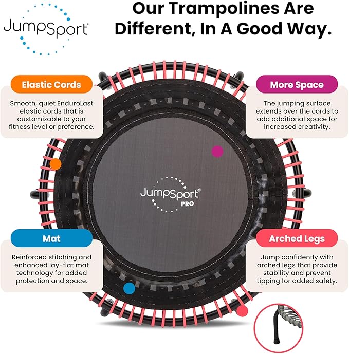 JumpSport 350 PRO Fitness Trampoline, Cardio Workout, No-Tip Arched Legs Home Gym Equipment, Adjustable Bungees & 60 Day Trial Video