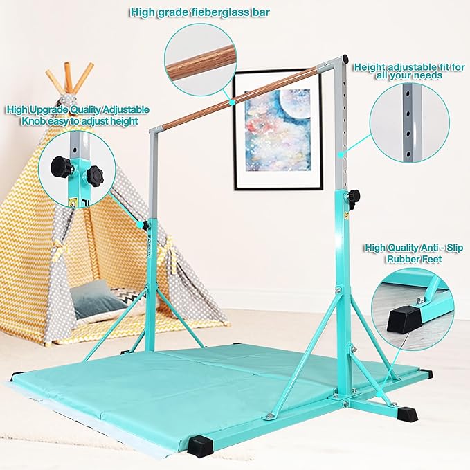 Gymnastics Bar for Kids Ages 3-15, 35" to 60" Adjustable Height, 4FT Wide Base - Professional Kip Bar with 360° Stability & Fiberglass Crossbar, Easy Fold&Solid Design for Home Training