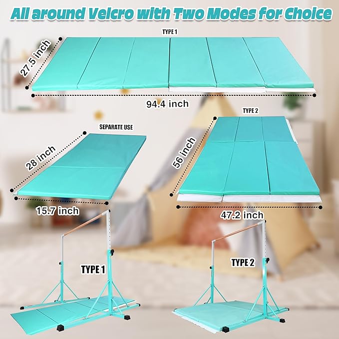 Gymnastics Bar for Kids Ages 3-15, 35" to 60" Adjustable Height, 4FT Wide Base - Professional Kip Bar with 360° Stability & Fiberglass Crossbar, Easy Fold&Solid Design for Home Training