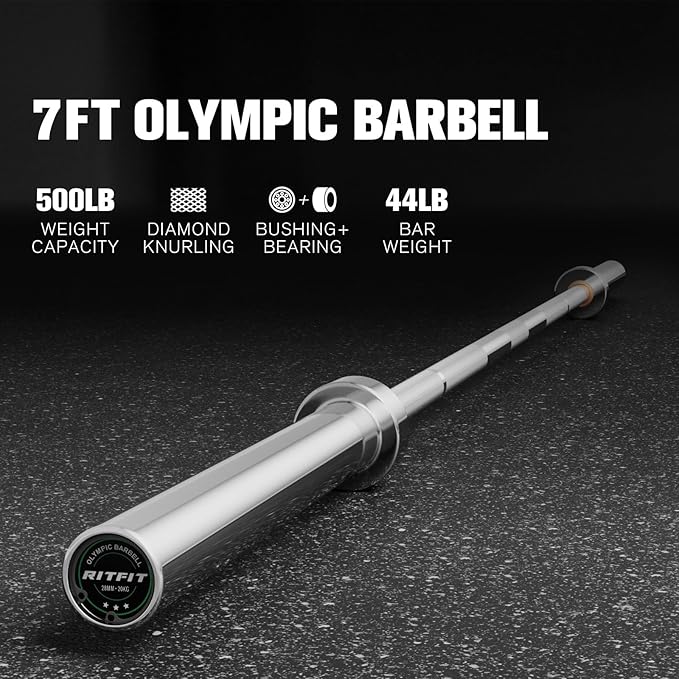 RITFIT 7FT Olympic Barbell for Strength and Weightlifting Training - 2 Inch Olympic Bar for Squat, Deadlift, Bench Press, Curl, Overhead Press - 600lbs/1000lbs/1200lbs Capacity