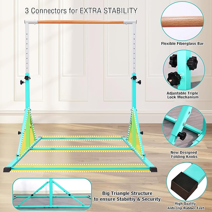 PreGymnastic Foldable Gymnastics Bar, 5.6FT Folding Horizontal Bars for Kids Ages 3-12, Weight Limit 350 LBS, Adjustable kip Bar, Children Home Gym Equipment Indoor