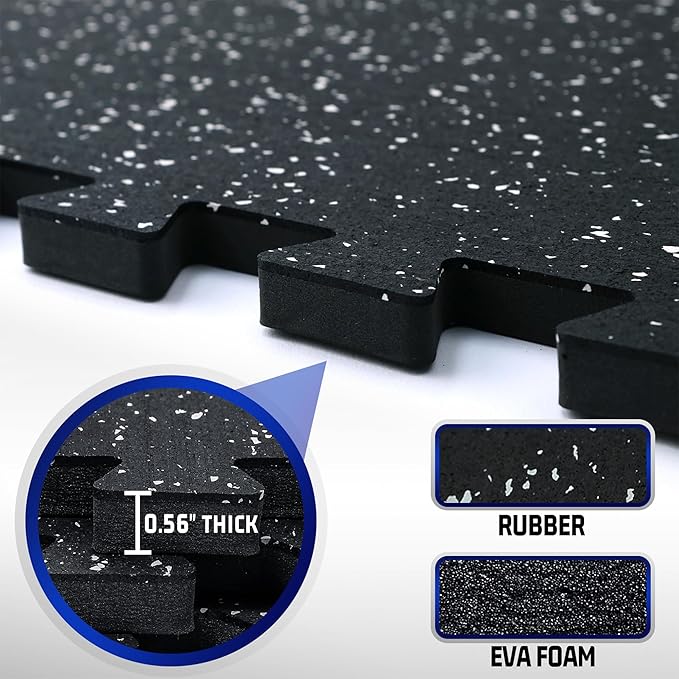 SUPERJARE 0.56'' Thick 48 Pcs 192 Sq Ft Rubber Top Exercise Equipment Mats, High Density EVA Foam Mats with Rubber Top, Interlocking Gym Flooring for Home Gym, Protective Workout Mat, Black/Grey
