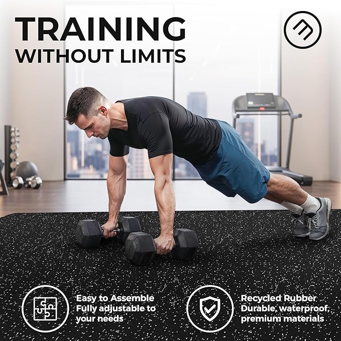 bemaxx Gym Mats Set - 18 pcs Rubber Top + EVA Interlocking Foam Floor Tiles (12.6"x12.6"x0.4") 18sqft Protective Gym Flooring Sports Home Workout Exercise Mat Puzzle Fitness Garage Play Pool Treadmill