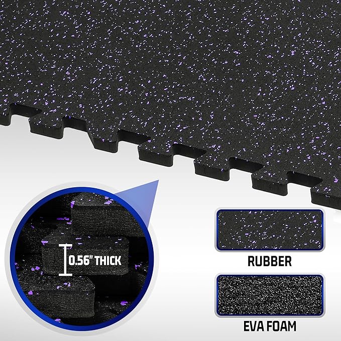 SUPERJARE 0.56'' Thick 24 Pcs 96 Sq Ft Rubber Top Exercise Equipment Mats, High Density EVA Foam Mats with Rubber Top, Interlocking Gym Flooring for Home Gym, Protective Workout Mat, Black/Purple
