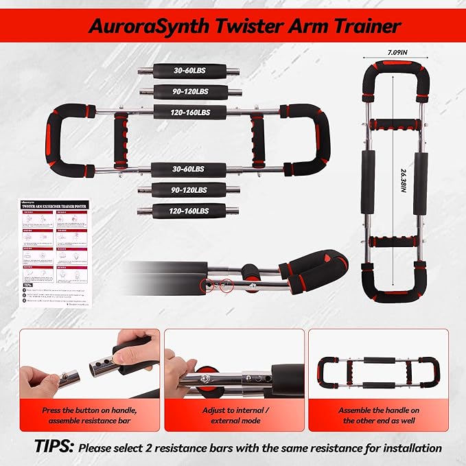 Twister Arm Trainer, Adjustable Chest Workout Equipment with 6 Resistance Levels Springs (30-160 Lbs), Arm Trainer for Men & Women, Detachable Home Gym Fitness Trainer with Anti-Slip Handles