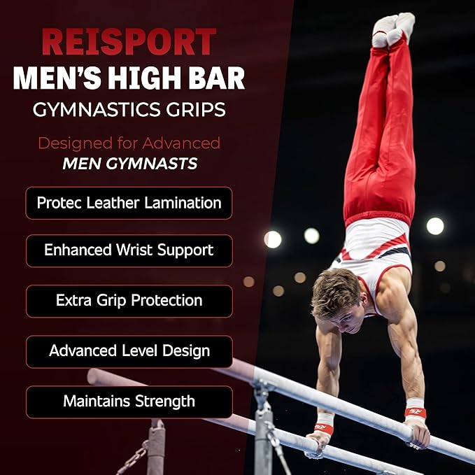 Reisport Protec High Bar Gymnastics Grips for Men - Triple Strength Leather Hand Grips for Gymnastics Bars - Gymnastics Equipment & Accessories for Advanced Gymnasts