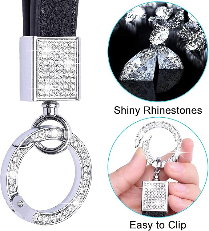 Wisdompro Genuine Leather Car Keychain, Bling Key FOB Holder Leather Loop Keychains for Women Girls with Crystal Rhinestones and 2 Keyrings - Black