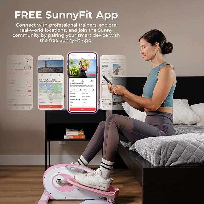 Sunny Health & Fitness Under Desk Pedal Elliptical Machine, Adjustable Resistance Leg Exerciser Home Workout While Sitting for Seniors, Optional Motorize or in Pink with SunnyFit App via Bluetooth