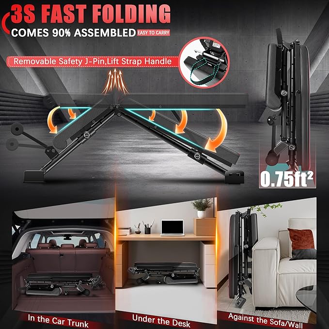 OPPSDECOR Adjustable Weight Bench, Easy Assembly Fast Folding Workout Bench, Space Saving Weight Benches Incline Decline Flat Utility Bench Press Bench for Home Gym Strength Training