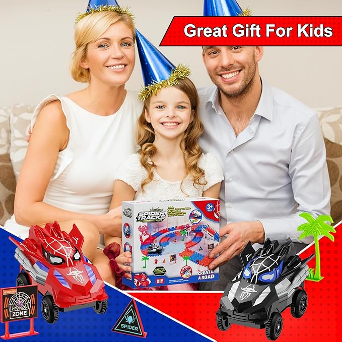 Spider Race Track Toy for Boys 4-6, Race Car Set with 2 Spider Cars, DIY Flexible Tracks Playset, Toddler STEM Building Toys for Girls, Christmas, Birthday Gift for Kids Ages 3+