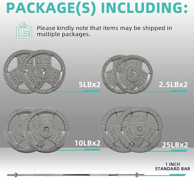 Fitvids Barbell Weight Set, Cast Iron 1" Standard Weight Plates Including 5FT Standard Barbell Bar & Star Locks, 95 Pounds Set (85 Lbs Plates + 10 Lbs Barbell Bar), Multiple Packages