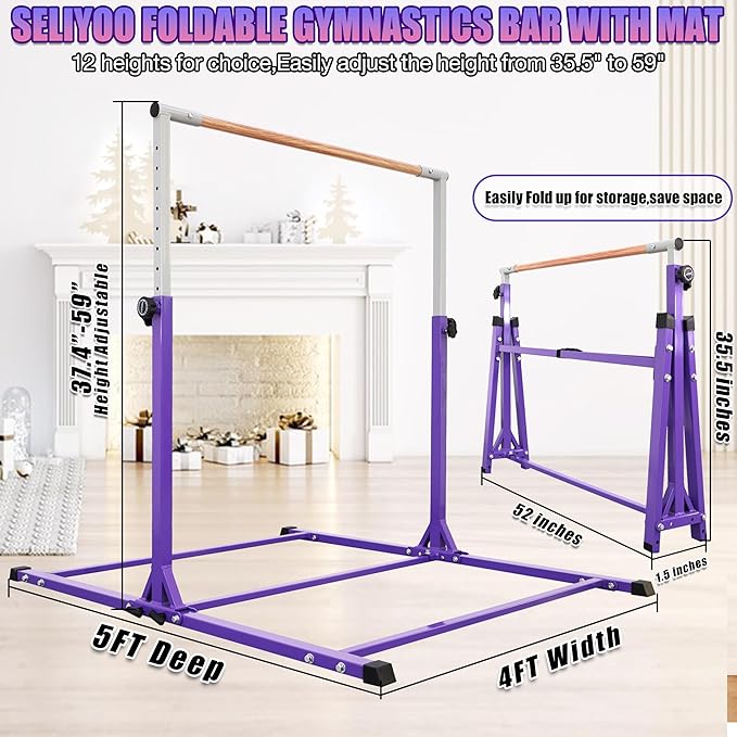 Foldable Gymnastic Bar for Kids Ages 3-20,5FT/6FT Horizontal Bar Base Length,Height Adjustable Kids Training Bar for Gymnastics,Gymnastics Equipment for Home Clubs