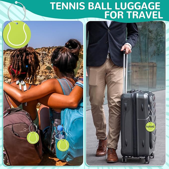 12Pcs Tennis Luggage Tags forTravel Suitcases Labels with Metal Ring 2.75in Tennis Keychain PVC Name Id and DIY Pocket Hug Card,Backpack Charms for Men Women Travel Bag Suitcase