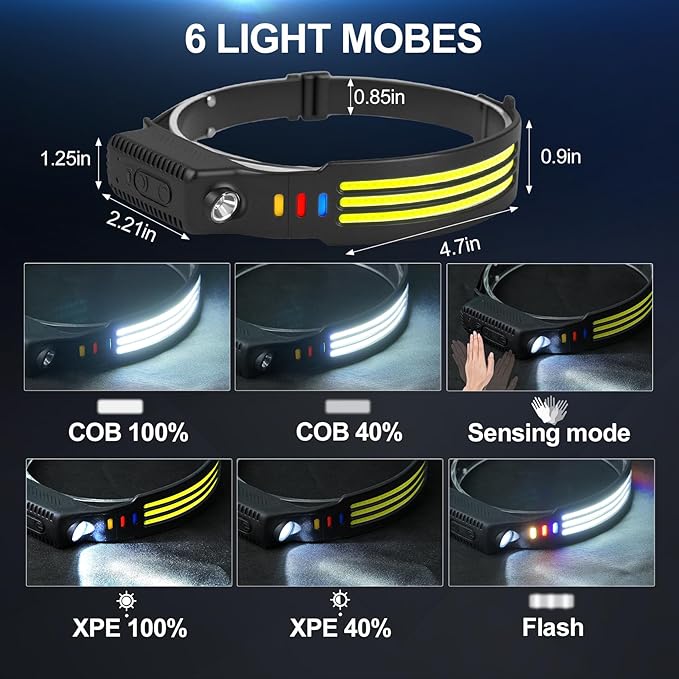 6Pack LED Headlamp Rechargeable, 1200 High Lumen Head Lamp with Motion Sensor, 230°Wide Beam, 5 Light Modes, IPX6 Waterproof Head Light for Camping, Running, Hiking