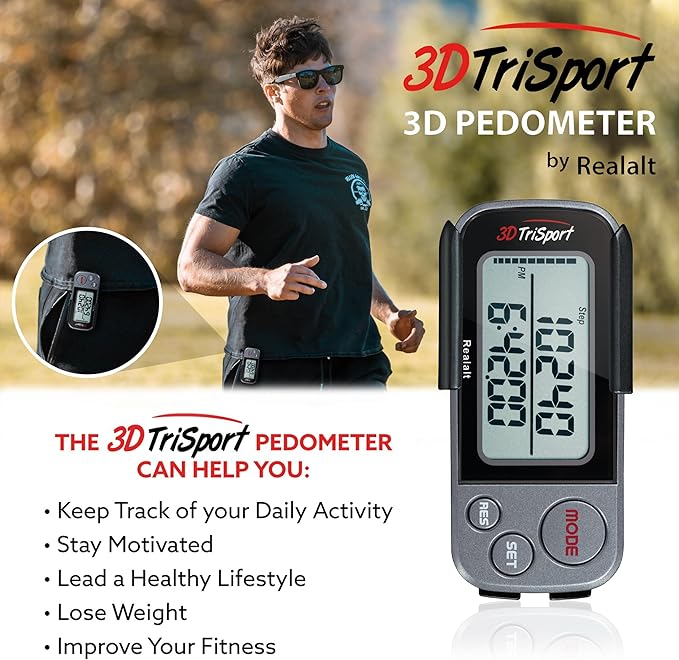 Realalt 3DTriSport Walking 3D Pedometer with Clip & Strap, eBook Included 30 Days Memory Accurate Step Counter, Walking Distance Miles/Km, Calorie Counter, Daily Exercise Time Monitor
