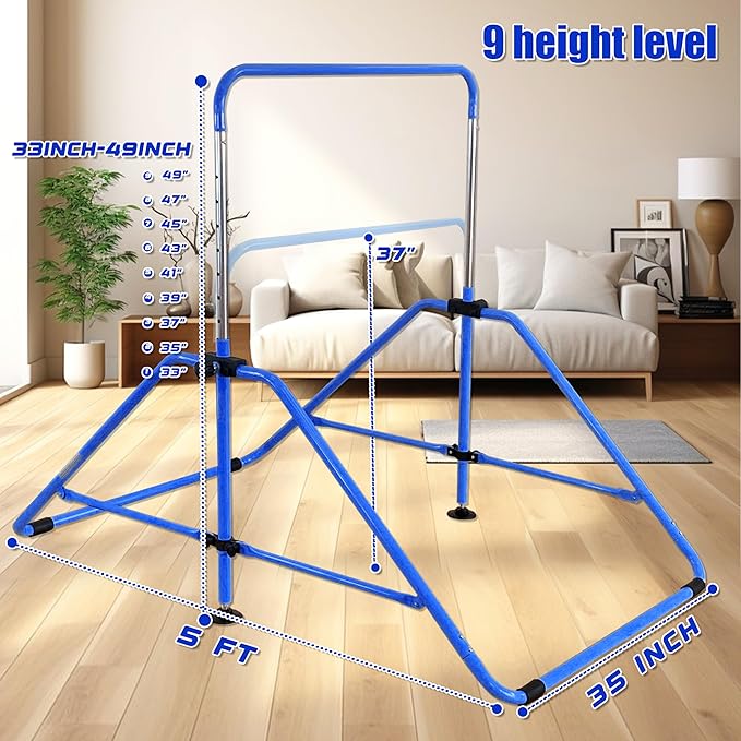 MARFULA Foldable Gymnastic Bar for Kids Ages 3-12, 9 Height Levels, 200 lbs Weight Capacity, 5 Ft Length Gymnastic Kip Bar with Mat, Gymnastic Equipment for Home and Gym Center Indoor Outdoor Use
