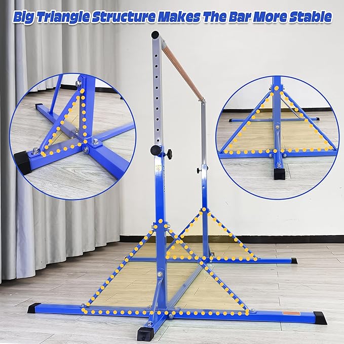 Gymnastics Bar for Kids Ages 3-15, 35" to 60" Adjustable Height, 4FT Wide Base - Professional Kip Bar with 360° Stability & Fiberglass Crossbar, Easy Fold&Solid Design for Home Training