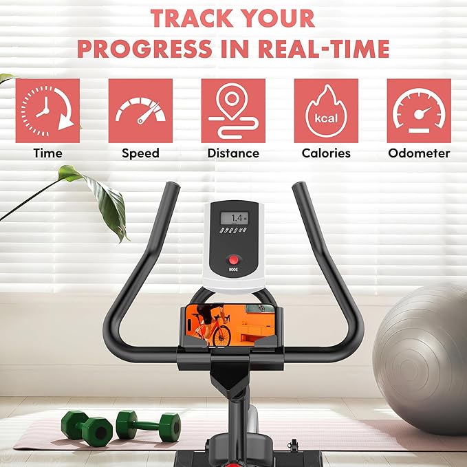 SQUATZ Indoor Exercise Bicycle With Training Console, 4-Way Adjustable Seat and Handlebar, 8 Resistance Levels, Workout Equipment for Home Gym with Comfortable Seat Cushion, Digital LCD Display