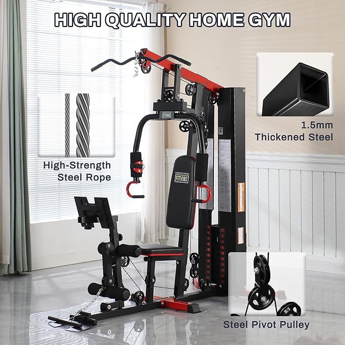 Fitvids Home Gym Equipment, Multifunctional Full Body Workout Weight Machine Station with Weight Stack, All in One Exercise Equipment with Pulley System & Seated Rowing for Home Gym Strength Training