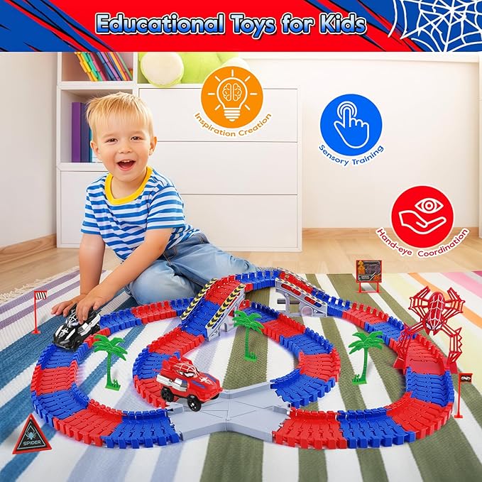 Spider Toys for Boys 4-6, 212 PCS Race Car Track for Kids Ages 4-8, Monster Truck 2+ Year Old Birthday Gift Toddler Cars Toy for 3+ Year Old Boy Girl