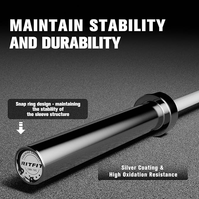 RITFIT 7FT Olympic Barbell for Strength and Weightlifting Training - 2 Inch Olympic Bar for Squat, Deadlift, Bench Press, Curl, Overhead Press - 600lbs/1000lbs/1200lbs Capacity