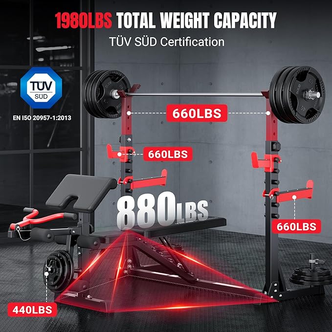 YOLEO 1980LBS Adjustable Weight Bench Set, 47.44" Wide Grip, Workout Bench with Squat Rack, Leg Extension, Preacher Curl, Bench Press with Safety Bar Catches, Weight Benches for Home Gym