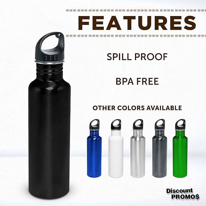 DISCOUNT PROMOS Stainless Steel Water Bottles 26 oz. Set of 10, Bulk Pack - Reusable, Leak Proof, Perfect for Gym, Hiking, Camping, Outdoor Sports - Black