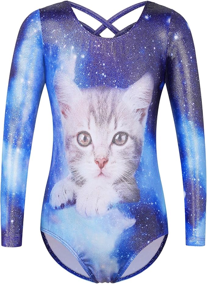 BAOHULU Gymnastics Leotards for Girls Long Sleeve Sparkly Cute Pattern Dance Outfit with Matching Shorts Set