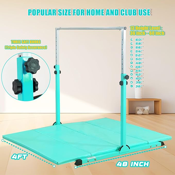 MARFULA Gymnastic Bar with 4 ft Inner Width 5 ft Adjust Height for Kids Kip Bar with 350 lbs Gymnastic Training Equipment for Kids 3-15 Years Home and Club Use