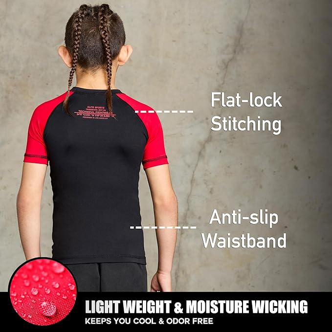 Elite Sports Kids Jiu Jitsu BJJ Rash Guard, Short Half Sleeve Compression Shirt for Youth Boys Girls Sports Nogi Training