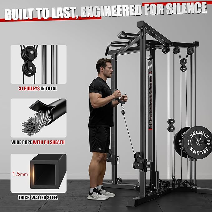 CC01 Fitness Cable Crossover Machine with High and Low Pulley System, Functional Trainer with with Pull Up Bars and Optional Bundle, Plate Loaded Pulley System for Home Gym Power Workout